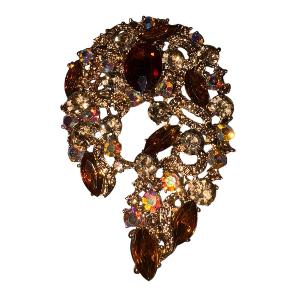 Amber Rhinestone Openwork Gold Statement Brooch J… - image 1